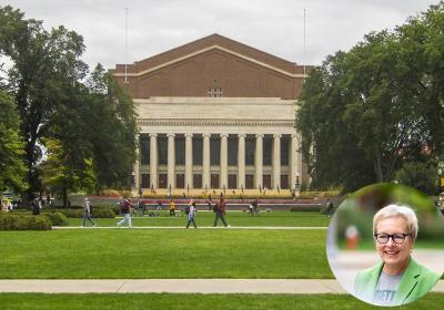 The University of Minnesota, with CSU President Laura Bloomberg inset.