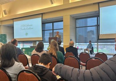 CSU President Laura Bloomberg, Ph.D. gives opening remarks at the Celebration of Faculty Excellence, April 2, 2024, at Cleveland State University.