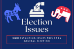 graphic with large text that says election issues with a democrat donkey and republican elephant and a poll box