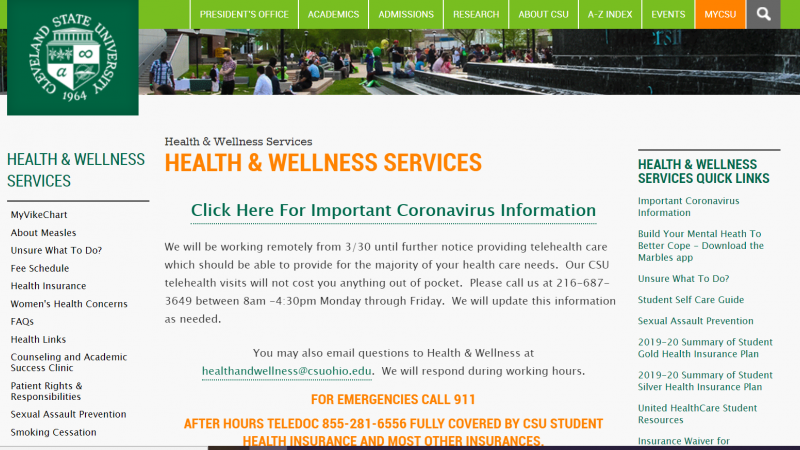Homepag of Cleveland State University's Health and Wellness Services