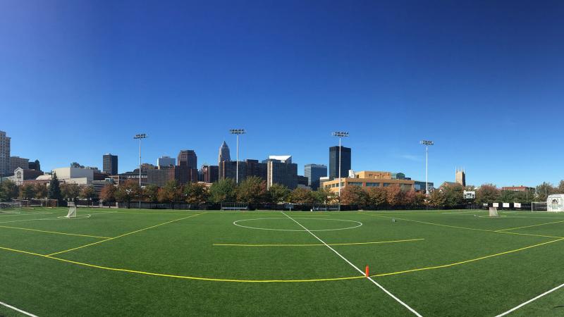 An empty playing field at Cleveland State University.