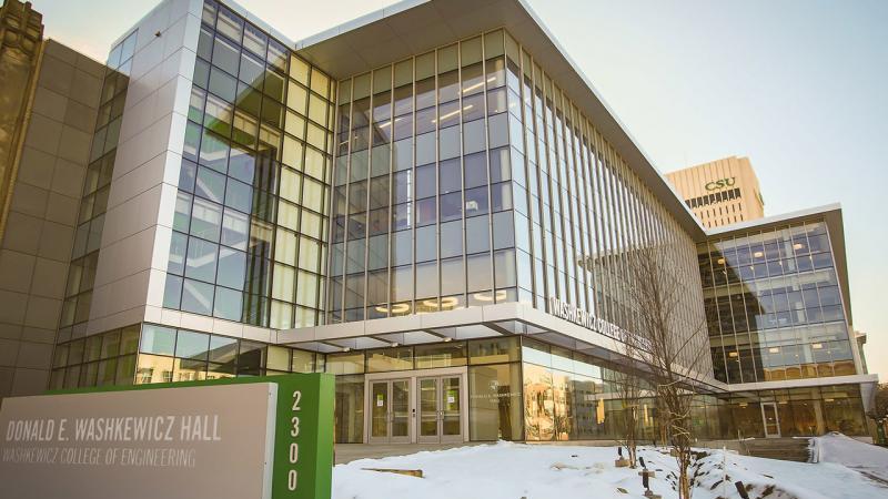 The Washkewicz College of Engineering stands tall on Cleveland’s Chester Ave. as part of Cleveland State University’s main campus.