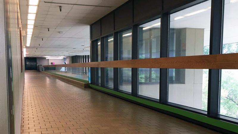 An empty corridor at Cleveland State which is preparing to shut most of its campus down after the Thanksgiving break.