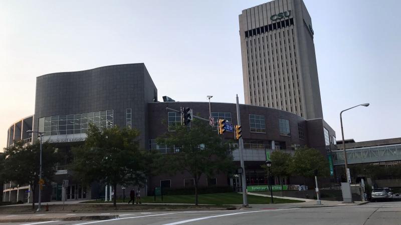 The Student Center in the foreground and Rhodes Tower behind it at Cleveland State University.