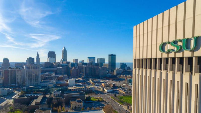 Overview shot of the Rhodes Tower and downtown Cleveland.