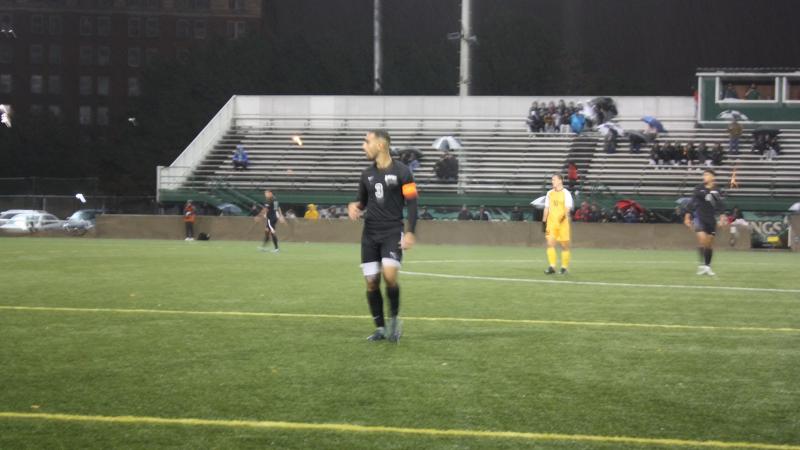 Thomas M'Barek battles through the rain in the Viking's match against Northern Kentucky