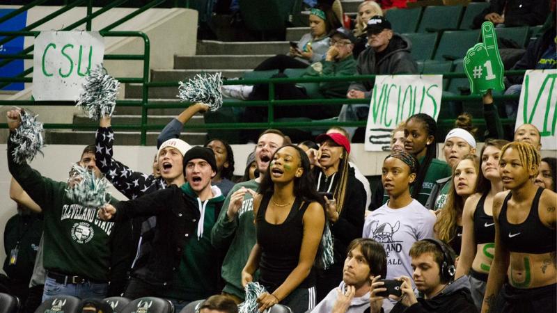 Students celebrate in the Cleveland State’s student section during a men’s basketball game in 2019.