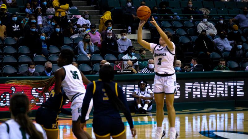 Cleveland State’s Destiny Leo sinks a 3-pointer at the third quarter buzzer during the Vikings season opener against ETSU on Tuesday night.