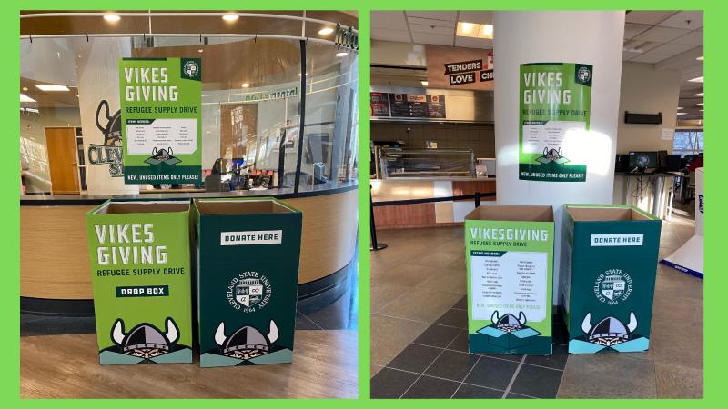 The CSU Center for Refugee and Immigrant Success (CRIS) has set up two donation boxes for items to be dropped off. The first (left picture) is located in the student center by the information desk; the second is on the first floor of Berkman Hall. Both boxes will be collecting drop-offs until Monday, Nov. 22. 