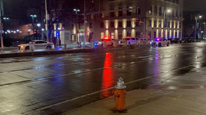 Emergency personnel outside Fenn Tower on Wednesday, Dec. 1 after they evacuated the building following a report of a bomb threat.