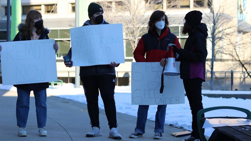 A student-led group known as Students for Safe Learning protested Jan. 25 outside Cleveland State University's student center, calling for stricter COVID mandates.