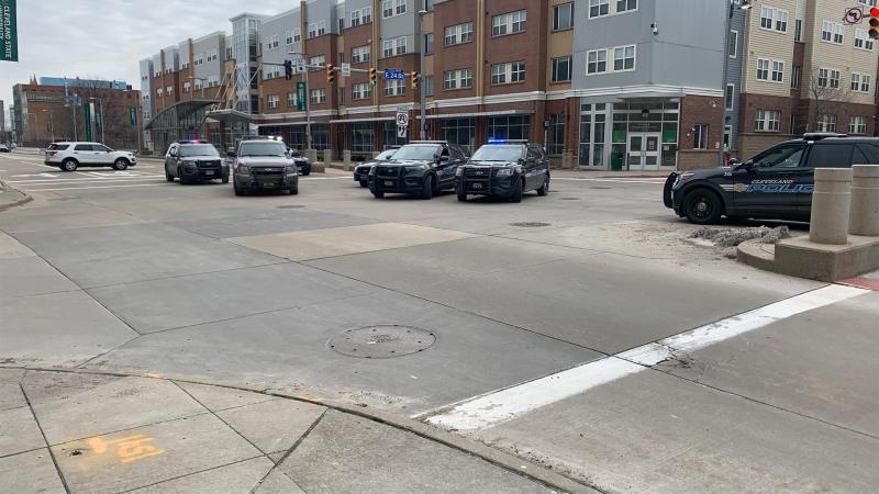 Emergency personnel outside Euclid Commons on Thursday, Feb. 24 after they evacuated the building following a report of a bomb threat.