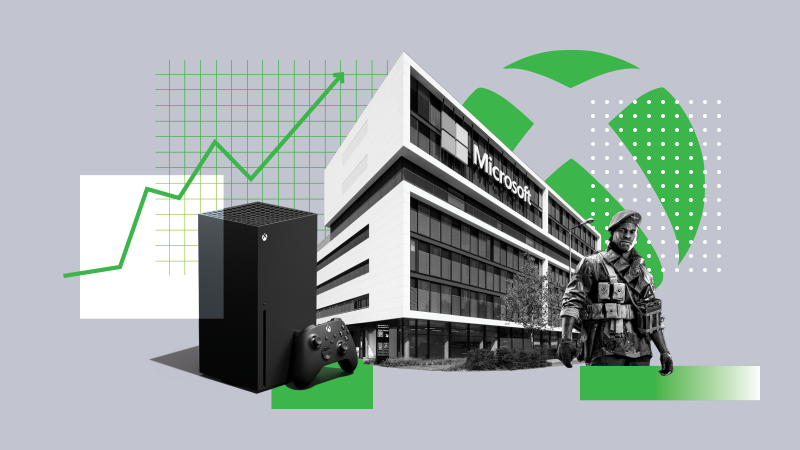 graphic featuring Xbox Series X, Microsoft headquarters, and a character from Call of Duty Vanguard