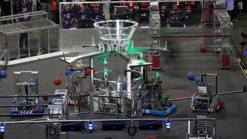 High school teams competing at the Wolstein Center at a FIRST Robotics event, March 24-26, 2022.