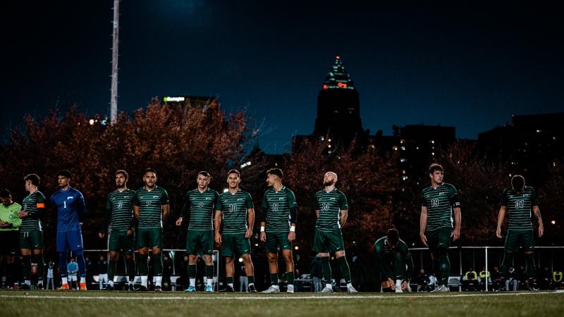 CSU soccer players lined up before their Oct. 29 game against Wright State.