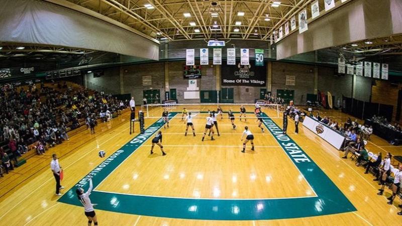 Volleyball players at the Woodling Gymnasium.