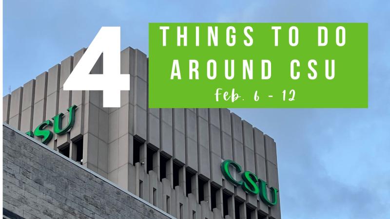 Rhodes Tower against the evening sky with text saying "4 things to do around CSU"