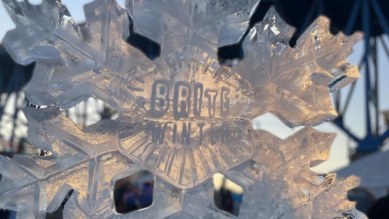 The Brite Winter logo sat proudly on a hand-carved ice sculpture at the freezing February festival, on the 25th, in Cleveland, Ohio.