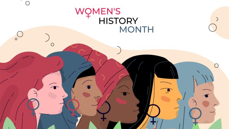 A drawing of four women with "Women's History Month" written above them