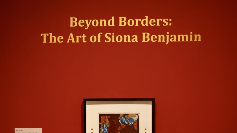 Beyond Boarders: The Art of Siona Benjamin text among a red wall.