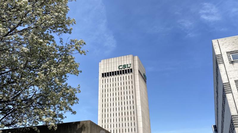 CSU's Rhodes Tower pictured with a bright blue sky and blossoming trees.