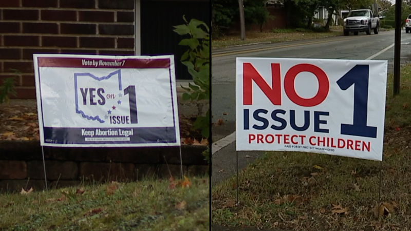 Yard signs advocating for each side of Issue 1 in Ohio’s general election on Tuesday, Nov. 7, 2023.