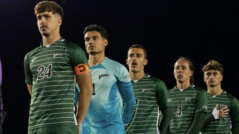 CSU men's soccer during the national anthem on Oct. 28, 2023 at Krenzler Field at Cleveland State University