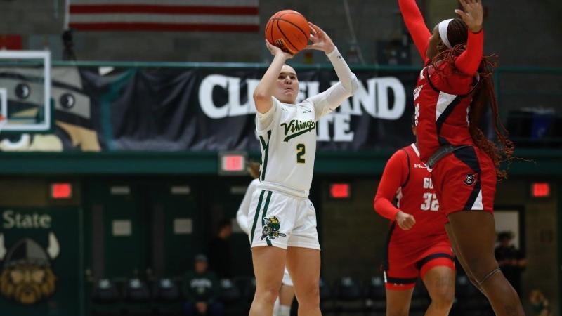 Destiny Leo shooting a jumpshot against Austin Peay, Nov. 22 in Woodling Gymnasium at Cleveland State University. 