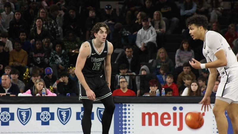 Cleveland State's Dylan Arnett (12) contributed his first career double-double, posting 10 points and 12 rebounds in their 83-71 loss to Oakland at Athletics Center O'rena on Feb. 3.