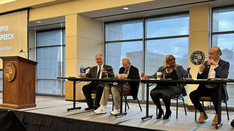 Panel regarding free speech in the Student Center Glasscock Ballroom.