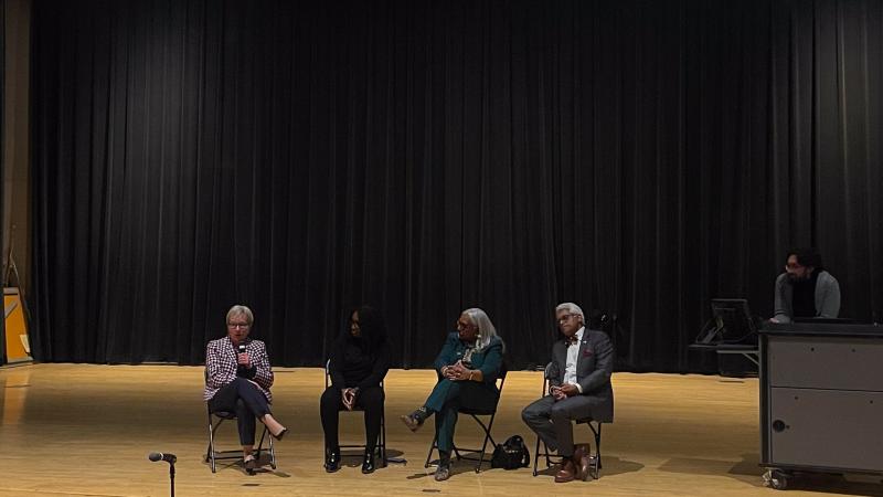 Pictured from the left, CSU President Dr. Laura Bloomberg, vice presidents Tachelle Banks, Ph.D. and Sonali Wilson, J.D., and Provost Dr. Nigamanth Sridhar attend the SGA listening session on March 18, 2025.