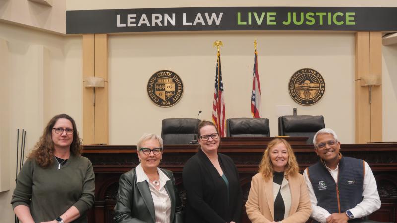  Faculty Senate members pose after the Cleveland State University Faculty Senate meeting in the CSU College of Law, Feb. 26, 2025. Pictured from left to right is Senate Secretary Jacqueline Jenkins, CSU President Laura Bloomberg, Vice President of Senate Dana Hubbard, Provost Sridhar and Senate President Carol Olszewski.