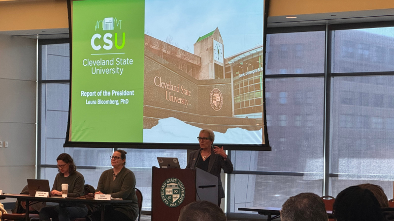 CSU President Laura Bloomberg, Ph.D., addresses members at the faculty senate meeting March 26, 2025.