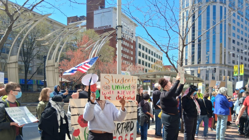 CSU Students protest in front of The City Club of Cleveland