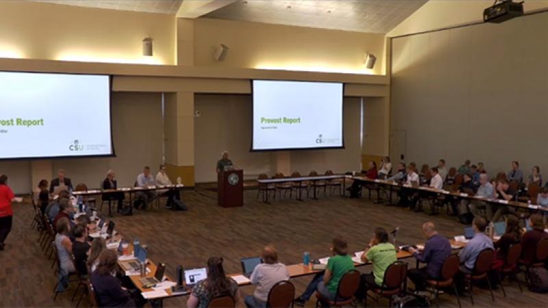 Cleveland State University's Provost and Senior Vice President for Academic Affairs, [Nigamanth Sridhar, Ph.D.], speaks to the faculty senate, Sept. 3, 2025, about the RTA bus pass system.