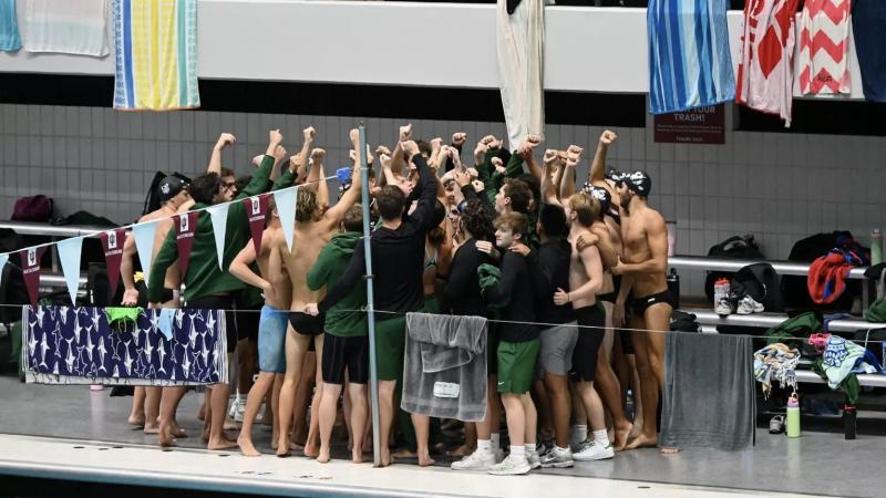 The Vikings huddle during the Akron Zips Classic at the Oliver J. Ocasek Natatorium at the University of Akron, Ohio, Oct. 11, 2025.