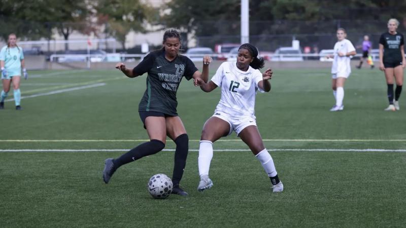 Forward Danielle Scott, right, on the defense in Cleveland State’s scoreless draw against Wright State at Krenzler Field on Sunday, Oct. 12, 2025.