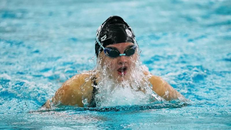 A Cleveland State swimmer competes in the breaststroke during the team’s home-opening dual meet against St. Bonaventure on Oct. 25.