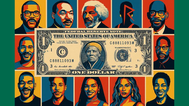 A stylized $1 usd bill with Harriet Tubman on the bill, surrounded by prominent Black figures.
