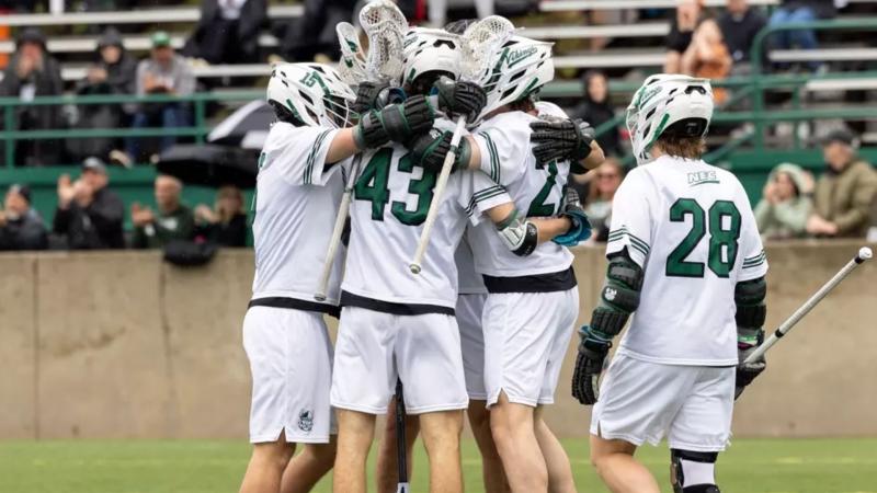 Cleveland State players celebrate during the Vikings’ 14-6 win over Mercyhurst in their Northeast Conference opener Saturday, March 14, 2026 at Krenzler Field in Cleveland.