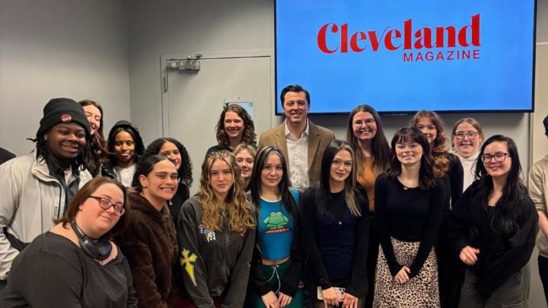 Members of CSU Society of Professional Journalists pose for a photo with staff from Cleveland Magazine following the panel discussion at Cleveland State University on March 5, 2026.