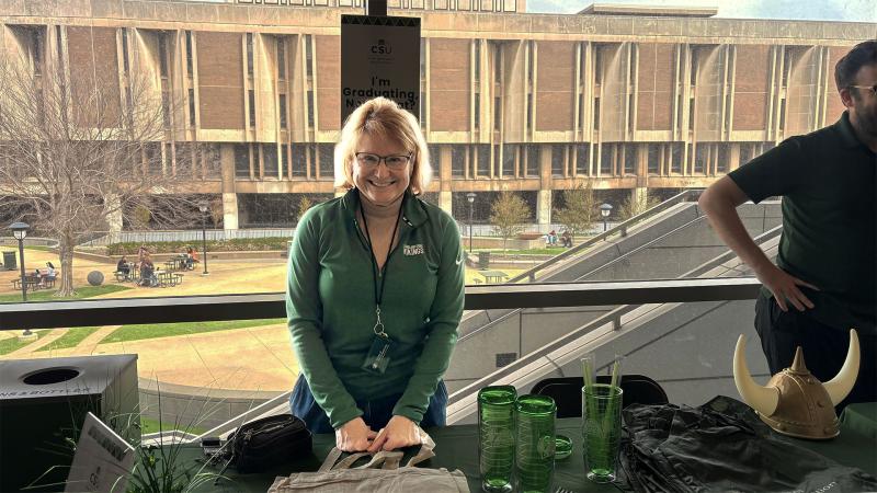 Ellen Rooney, career specialist in Career Development and Exploration, at the "I'm Graduating, Now What?” tabling event at Cleveland State University