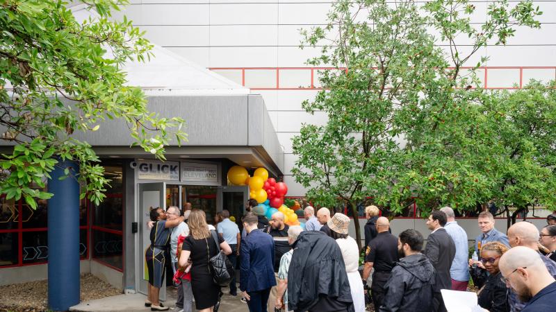 People enter the Glick Recovery Campus for the Ribbon Ceremony