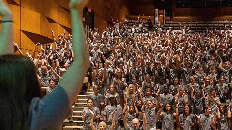 Cleveland State student-athletes do the Viking Clap at a SAAC meeting during the 2025-2026 school year
