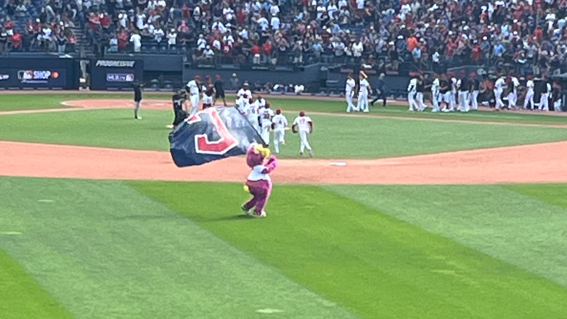 The Cleveland Guardians and Slider celebrating their 6-3 victory of the Chicago White Sox on Sept. 16.