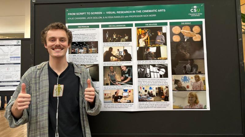 Jack Gollon, Film & Media Arts major at Cleveland State University, presents his internship project at the Undergraduate Research Poster Session, Sept. 17, 2026.