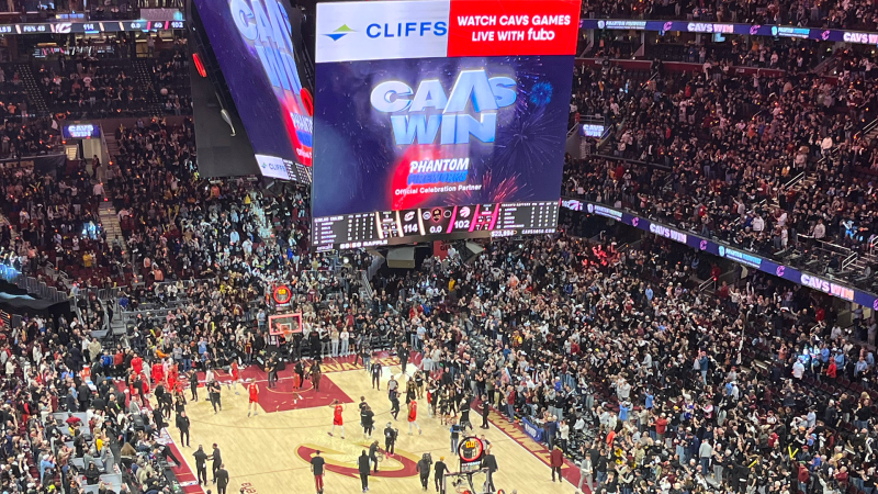 The Cleveland Cavaliers celebrate May 3, 2026 after advancing to the Eastern Conference semifinals in the 2025-2026 season. (Credit: Tony Pisaneschi)