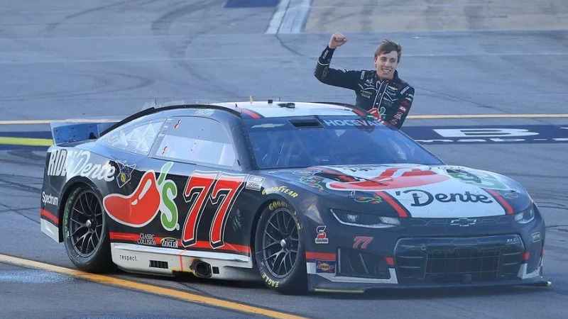 Carson Hocevar celebrates after his first career win, at Talladega Superspeedway on April 26, 2026.
