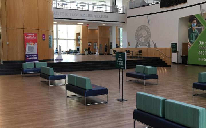 Credit: Jeremy Butcher The Student Center on Cleveland State’s campus is normally a very populated area for students on campus. Amidst the coronavirus pandemic, seating is now spaced out and there is a lot less traffic through the building. 