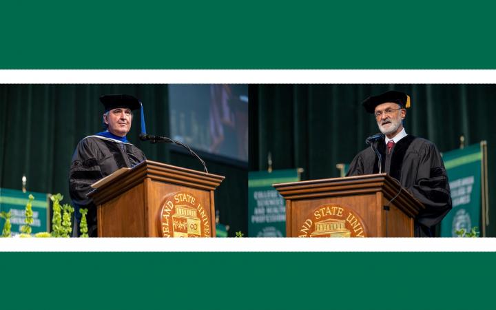 Scott Mueller, CEO of Cleveland-based Dealer Tire, left, and Cleveland Mayor Frank Jackson at CSU fall 2021 commencement.